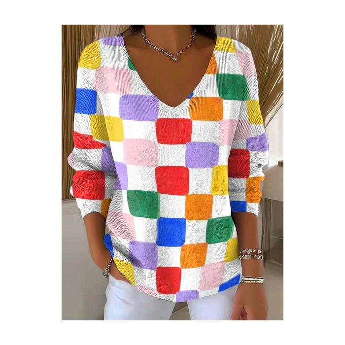 Women Abstract Long Sleeve Tee T-shirt V Neck Printing Casual Spring/Fall Top