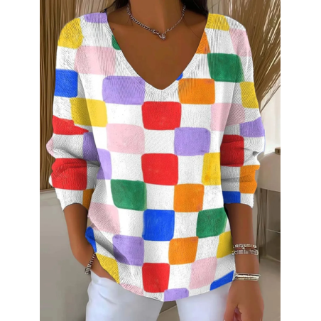 Women Abstract Long Sleeve Tee T-shirt V Neck Printing Casual Spring/Fall Top