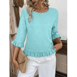 Women Plain Crew Neck Half Sleeve Shirt Bell Sleeve Casual Daily Summer Top