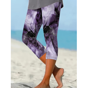 Women Abstract Capris Elastic Waist Pants Casual Summer Trousers