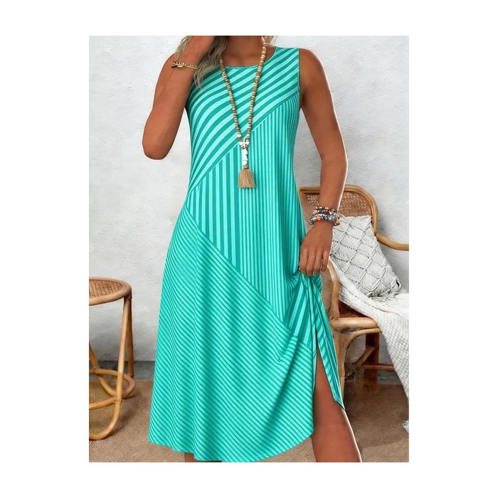Women Striped Sleeveless Crew Neck Dress Holiday Casual Midi Tank A-Line Summer Dress