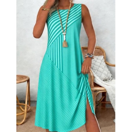 Women Striped Sleeveless Crew Neck Dress Holiday Casual Midi Tank A-Line Summer Dress