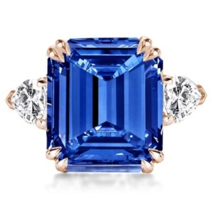 Three Stone Emerald Cut Blue Sapphire Engagement Ring
