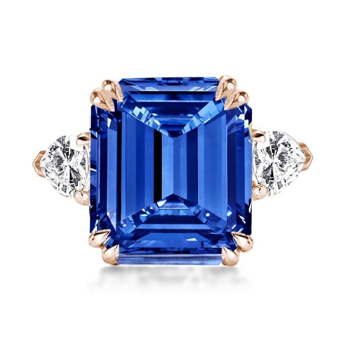 Three Stone Emerald Cut Blue Sapphire Engagement Ring