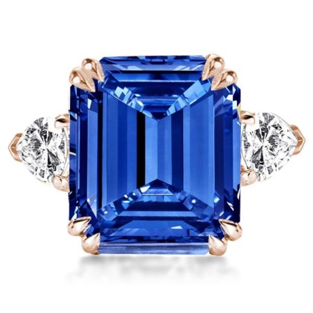 Three Stone Emerald Cut Blue Sapphire Engagement Ring