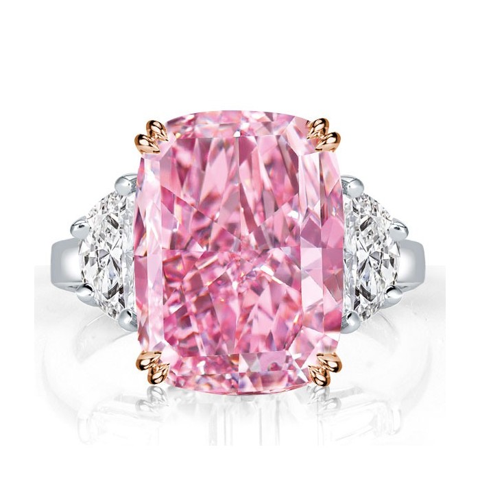 Three Stone Cushion Created Pink Sapphire Engagement Ring