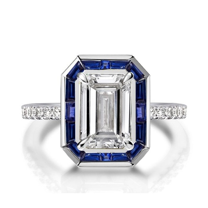 Halo Emerald Cut Engagement Ring In Sterling Silver