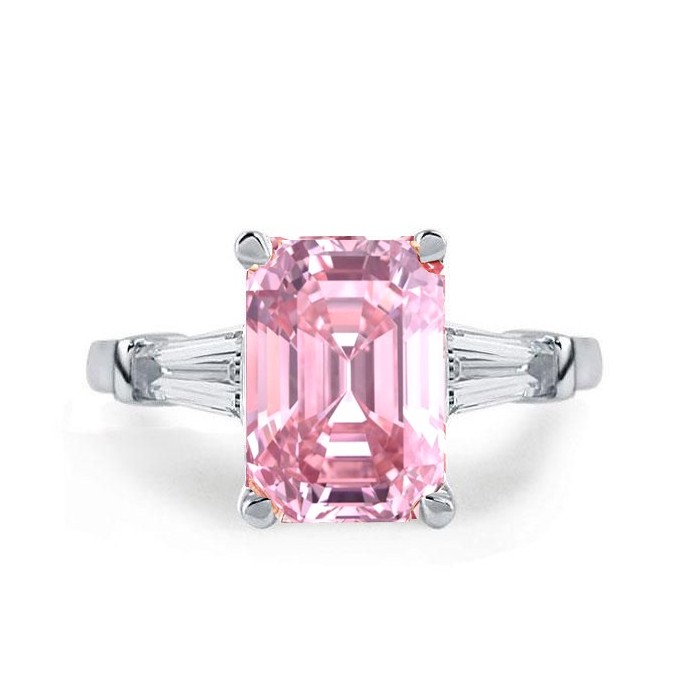 Italo Emerald Cut Engagement Ring Three Stone Pink Ring