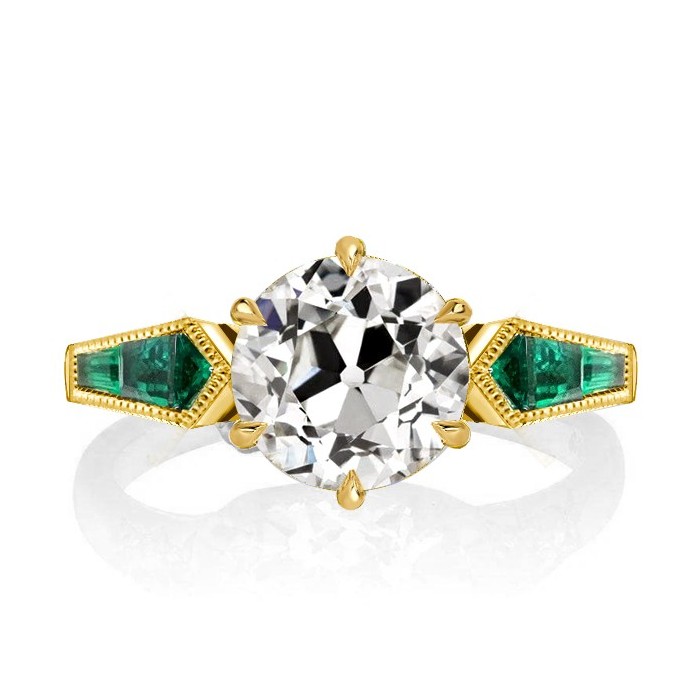 Golden Round Cut White & Emerald Sapphire Engagement Ring