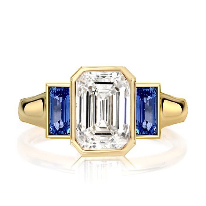 Golden Blue Sapphire 3 Stone Emerald Cut Engagement Ring