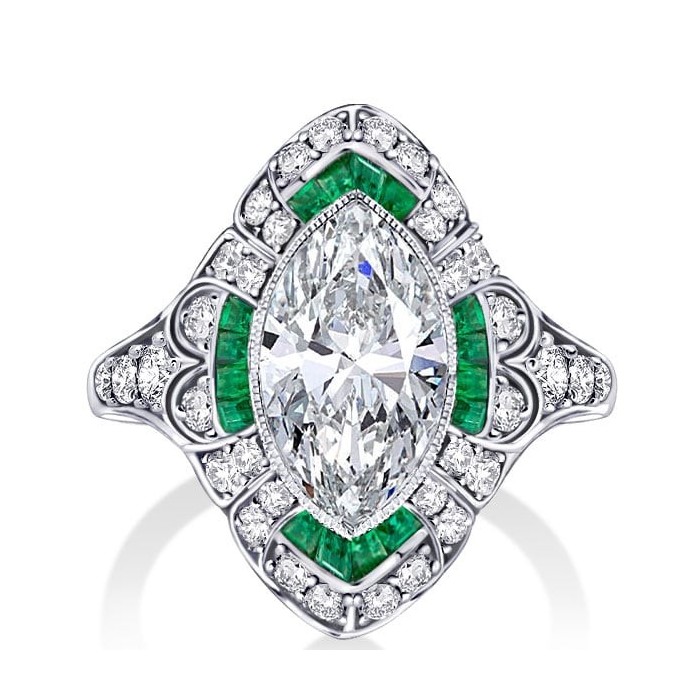 Art Deco Marquise Cut Milgrain Halo Engagement Ring