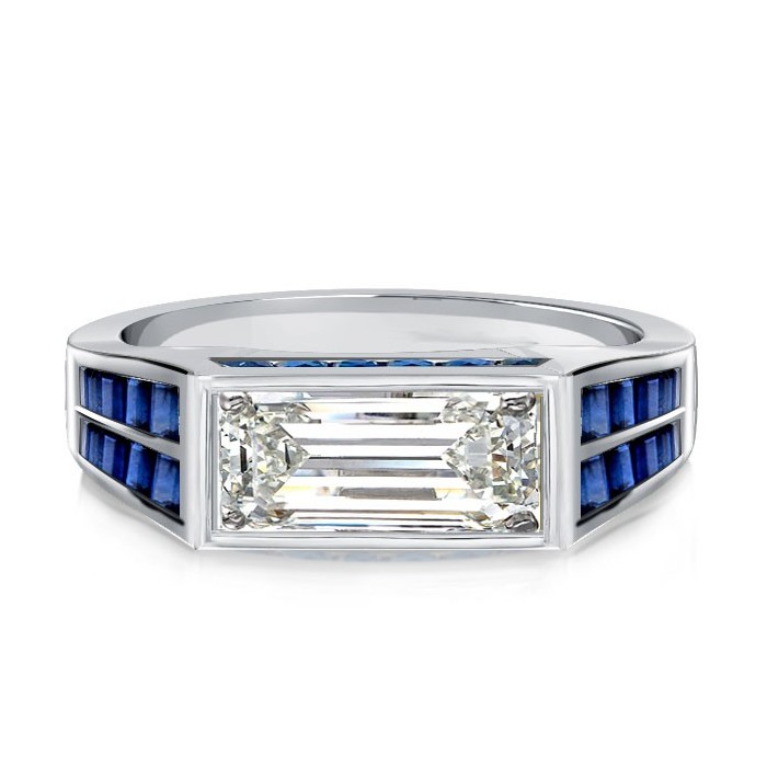 Italo Art Deco Baguette Cut Blue Sapphire Engagement Ring