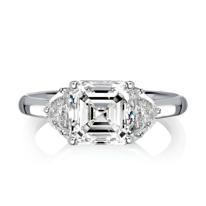 Italo Asscher Cut White Sapphire Three Stone Engagement Ring