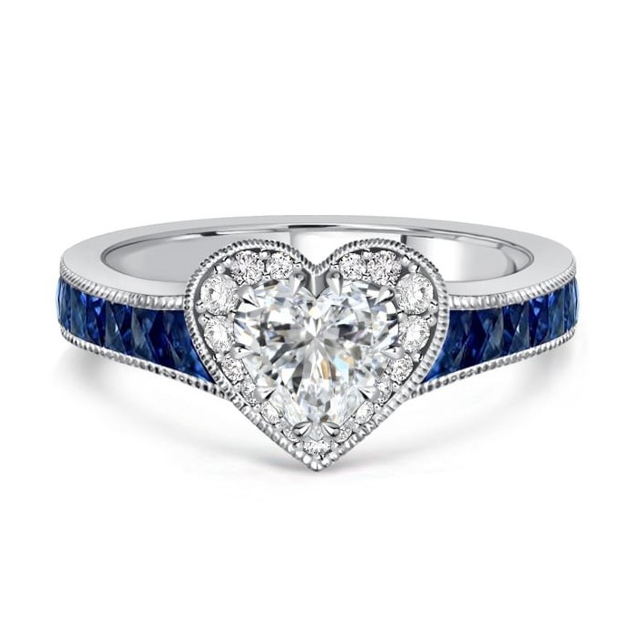 Italo Milgrain Blue Sapphire Heart Cut Halo Engagement Ring