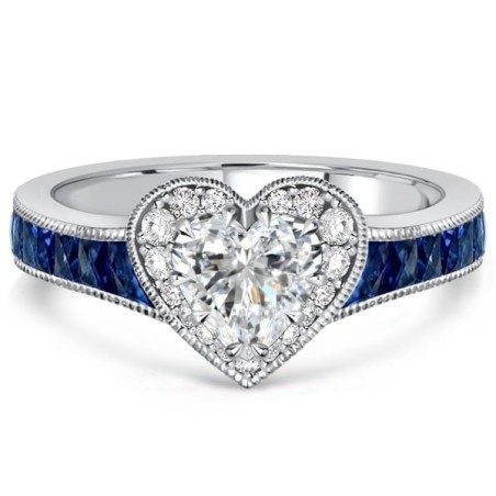 Italo Milgrain Blue Sapphire Heart Cut Halo Engagement Ring