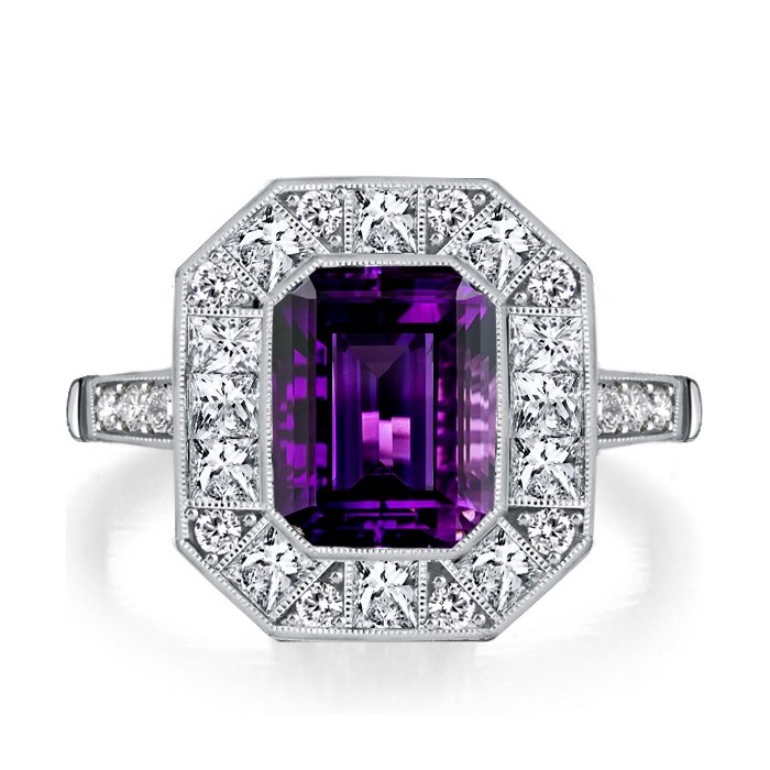 Italo Halo Emerald Cut Amethyst Vintage Engagement Ring