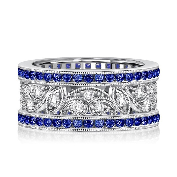 Italo Art Deco Filigree Blue Sapphire Vintage Wedding Band Anniversary