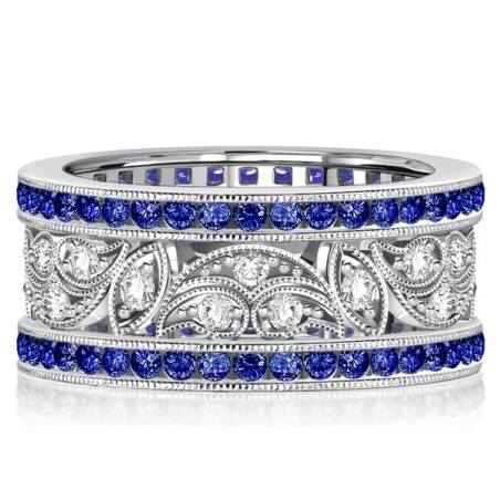Italo Art Deco Filigree Blue Sapphire Vintage Wedding Band Anniversary