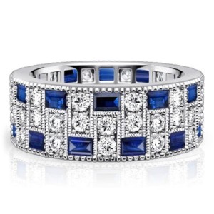 Italo Milgrain Bezel Blue & White Sapphire Round Cut Eternity Band