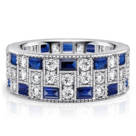 Italo Milgrain Bezel Blue & White Sapphire Round Cut Eternity Band