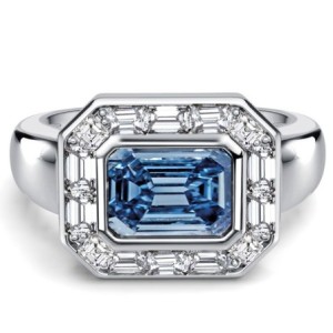 Italo Halo East West Blue Topaz Emerald Cut Engagement Rings