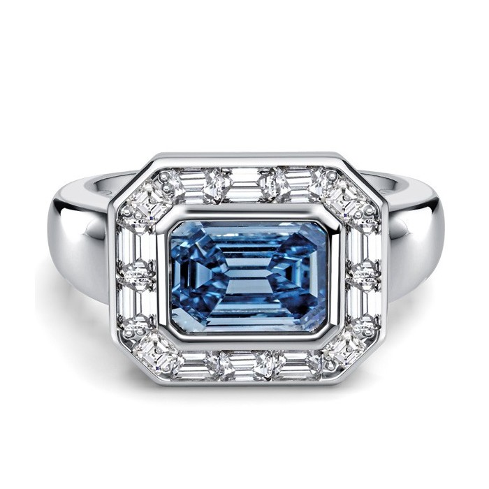 Italo Halo East West Blue Topaz Emerald Cut Engagement Rings