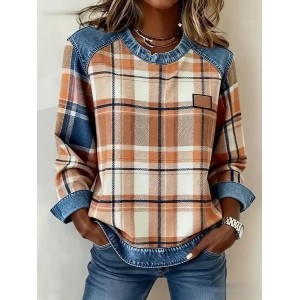 Women Plaid Crew Neck Printing Vintage Spring/Fall Long Sleeve Sweatshirt