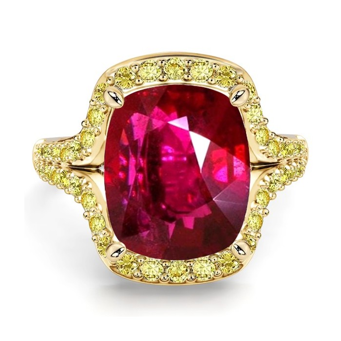 Italo Elongated Split Shank Yellow Topaz Halo Cushion Cut Ruby Ring