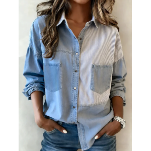 Women Striped Shawl Collar Long Sleeve Shirt Casual Daily Spring/Fall Top