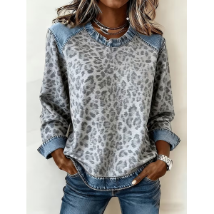 Women Leopard Crew Neck Printing Vintage Spring/Fall Long Sleeve Sweatshirt