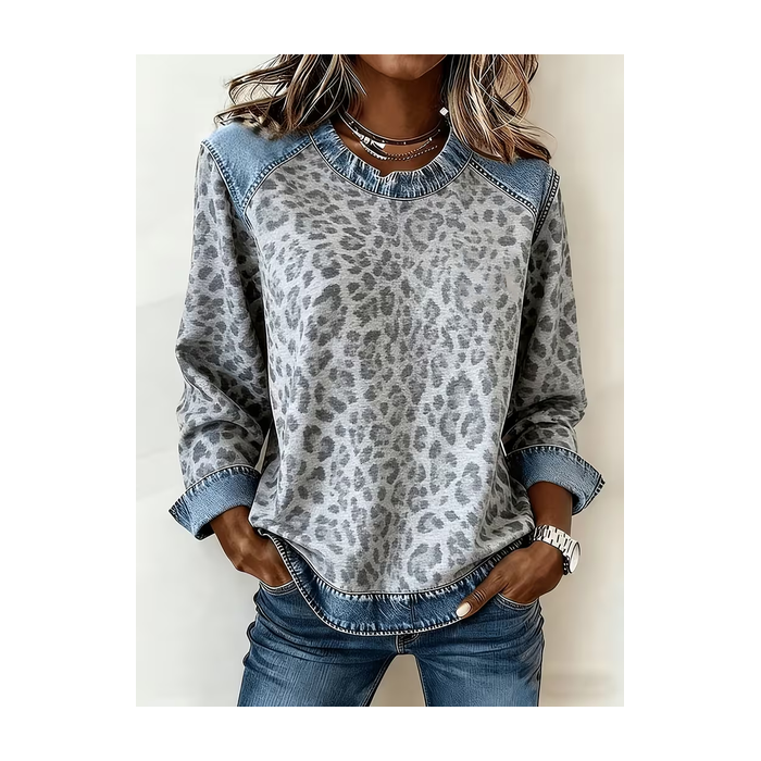 Women Leopard Crew Neck Printing Vintage Spring/Fall Long Sleeve Sweatshirt