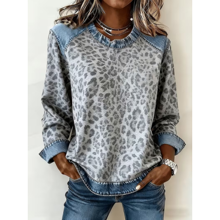 Women Leopard Crew Neck Printing Vintage Spring/Fall Long Sleeve Sweatshirt