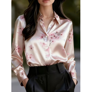 Women Floral Shawl Collar Long Sleeve Shirt Casual Daily Spring/Fall Top