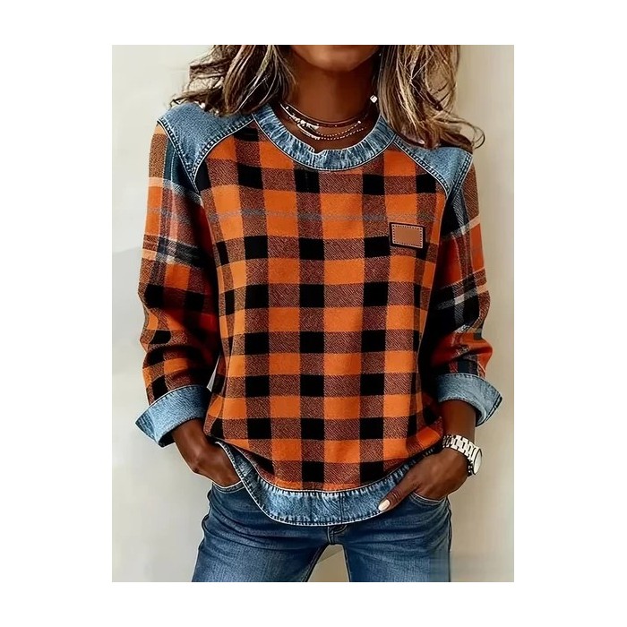 Women Plaid Crew Neck Printing Vintage Spring/Fall Long Sleeve Sweatshirt