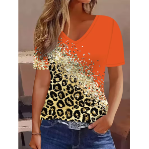Women Leopard Short Sleeve Tee T-shirt V Neck Casual Summer Top