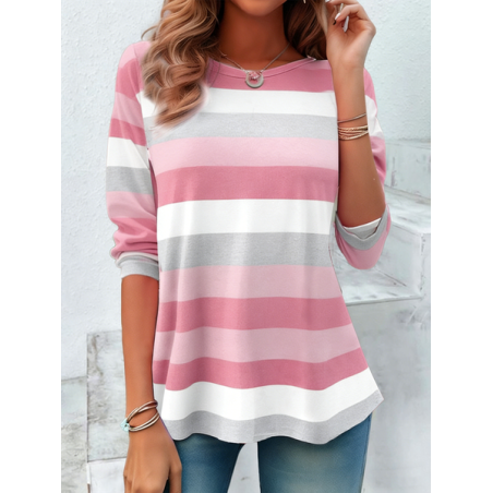 Women Striped Long Sleeve Tee T-shirt Crew Neck Elegant Spring/Fall Top