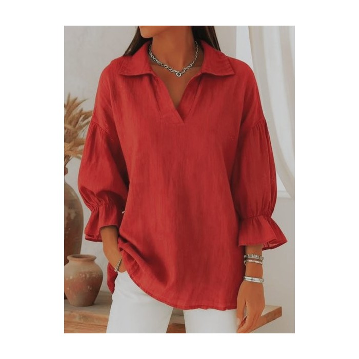 Women Plain Shawl Collar Three Quarter Sleeve Shirt Split Joint Puff Sleeve Casual Daily Spring/Fall Top