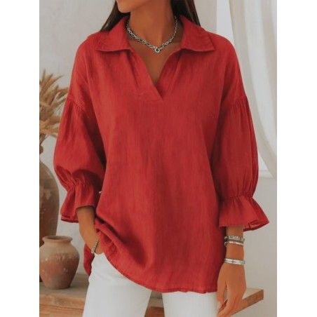 Women Plain Shawl Collar Three Quarter Sleeve Shirt Split Joint Puff Sleeve Casual Daily Spring/Fall Top