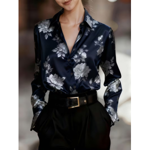 Women Floral Shawl Collar Long Sleeve Shirt Casual Daily Spring/Fall Top