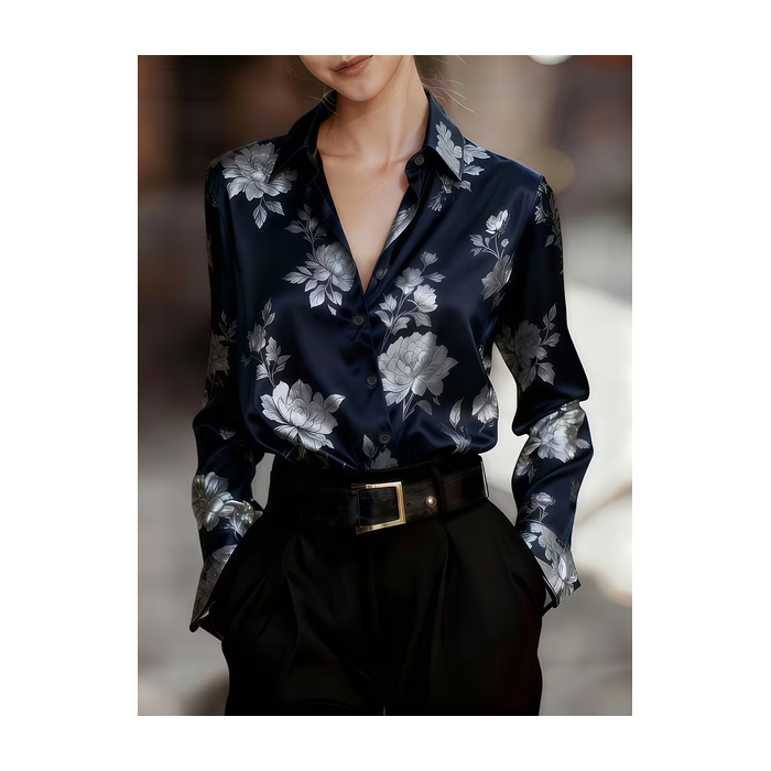 Women Floral Shawl Collar Long Sleeve Shirt Casual Daily Spring/Fall Top
