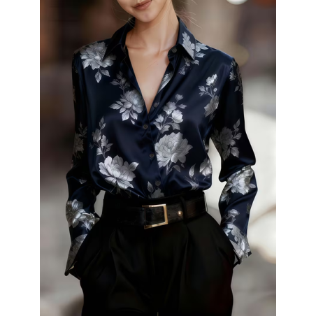 Women Floral Shawl Collar Long Sleeve Shirt Casual Daily Spring/Fall Top