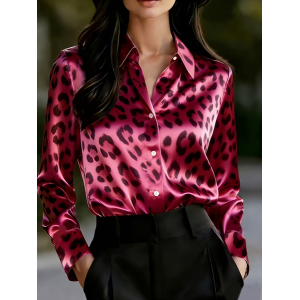 Women Leopard Shawl Collar Long Sleeve Shirt Casual Daily Spring/Fall Top