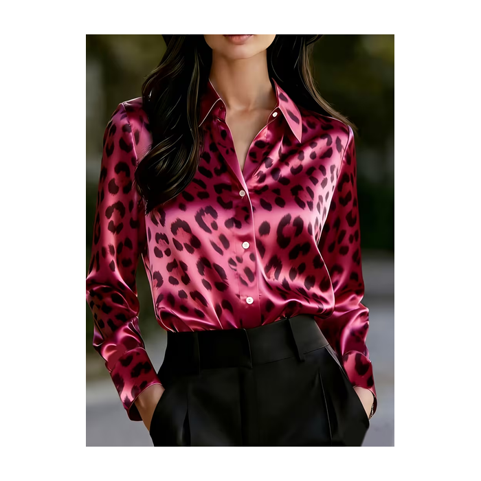 Women Leopard Shawl Collar Long Sleeve Shirt Casual Daily Spring/Fall Top