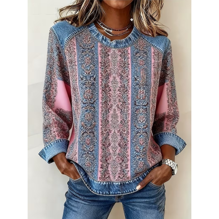 Women Abstract Crew Neck Printing Vintage Spring/Fall Long Sleeve Sweatshirt