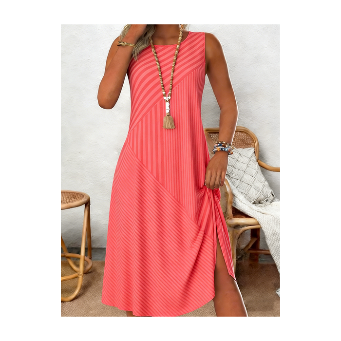 Women Striped Sleeveless Crew Neck Dress Holiday Casual Midi Tank A-Line Summer Dress