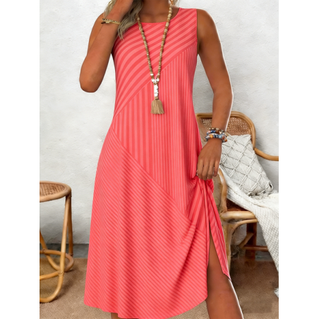 Women Striped Sleeveless Crew Neck Dress Holiday Casual Midi Tank A-Line Summer Dress