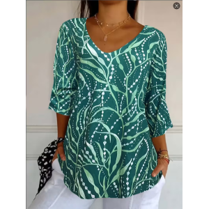 Women Abstract Three Quarter Sleeve Tee T-shirt V Neck Printing Casual Graphic Tee Spring/Fall Top