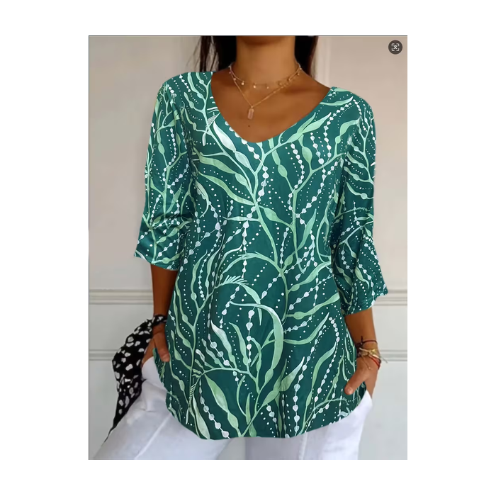 Women Abstract Three Quarter Sleeve Tee T-shirt V Neck Printing Casual Graphic Tee Spring/Fall Top