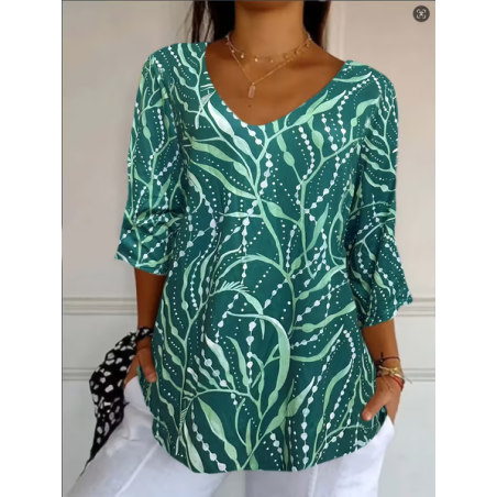 Women Abstract Three Quarter Sleeve Tee T-shirt V Neck Printing Casual Graphic Tee Spring/Fall Top