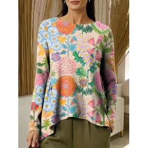 Women Geometric Long Sleeve Tee T-shirt Crew Neck Printing Vintage Spring/Fall Top